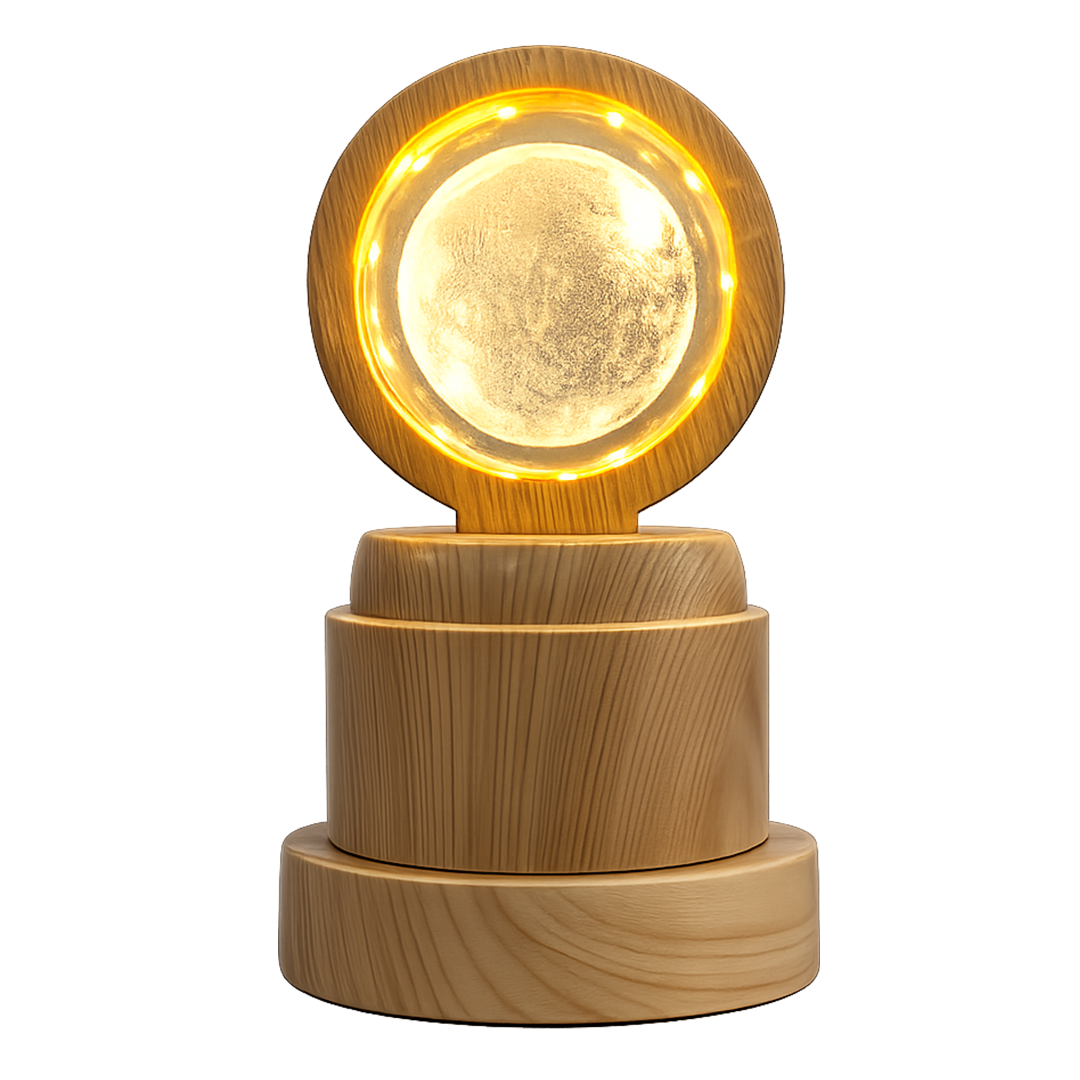 Round Wooden LED Night Lamp with Warm Crystal Glow