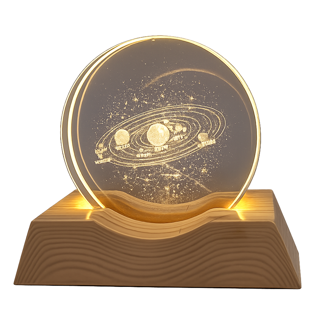 3D Solar System Crystal Ball Night Light LED Wooden Base Desk Lamp