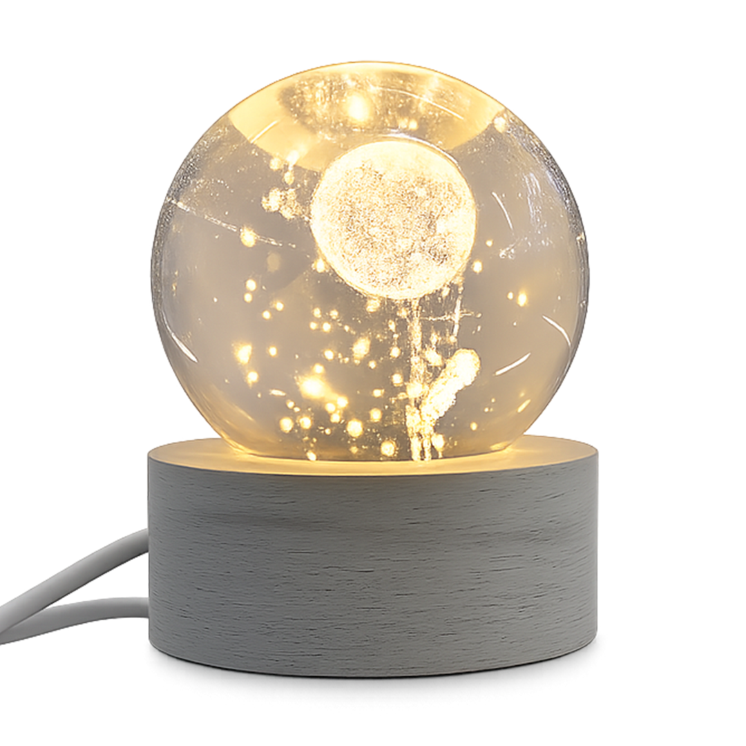 3D Moon Crystal Ball Night Light with White Wooden Base