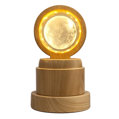 Round Wooden LED Night Lamp with Warm Crystal Glow