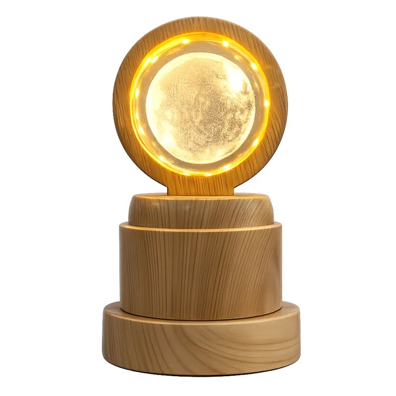 Round Wooden LED Night Lamp with Warm Crystal Glow