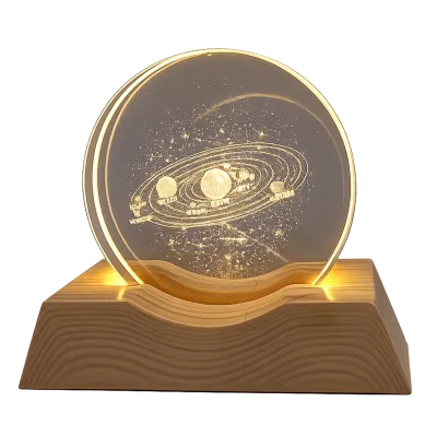 3D Solar System Crystal Ball Night Light LED Wooden Base Desk Lamp