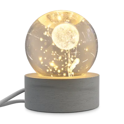 3D Moon Crystal Ball Night Light with White Wooden Base