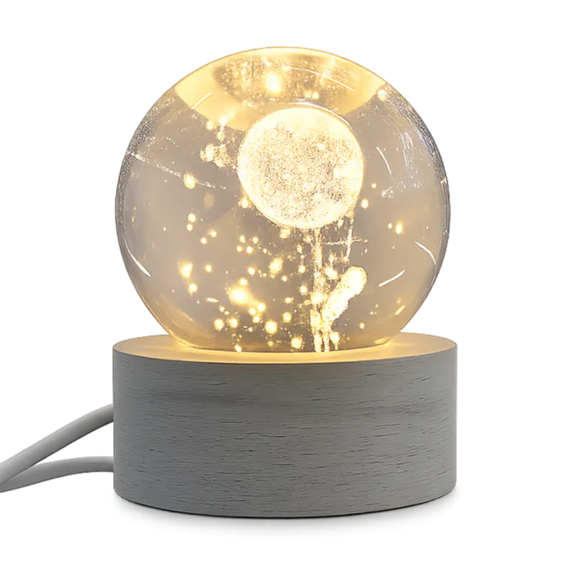 3D Moon Crystal Ball Night Light with White Wooden Base